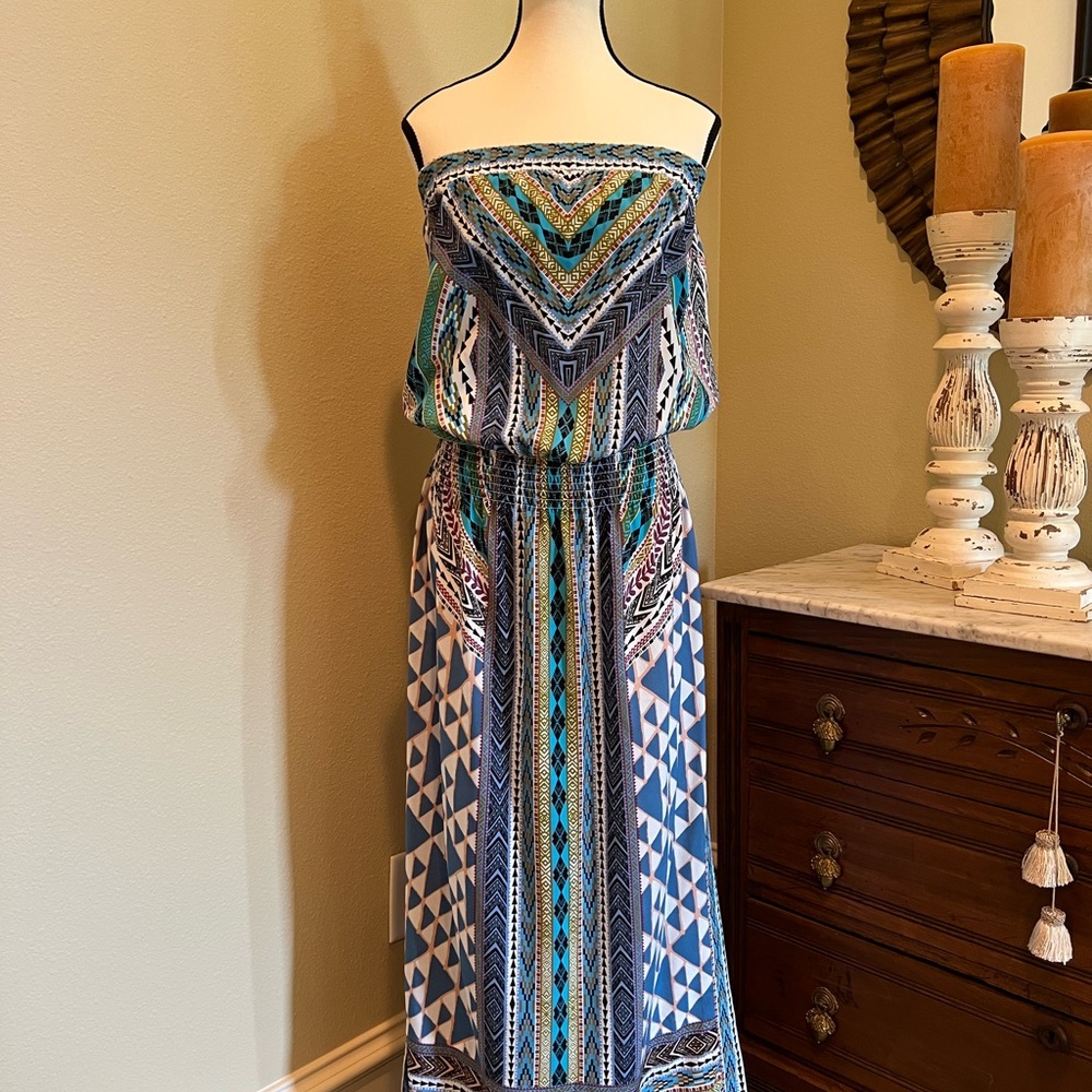 Hale Bob Strapless Blue Patterned Dress